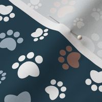 Small scale // Paw prints // navy blue background brown white and pastel blue animal foot prints