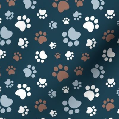 Small scale // Paw prints // navy blue background brown white and pastel blue animal foot prints