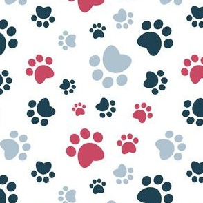 Small scale // Paw prints // white background red navy blue and pastel blue animal foot prints