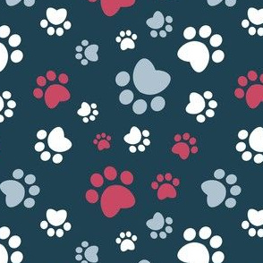Small scale // Paw prints // navy blue background red white and pastel blue animal foot prints