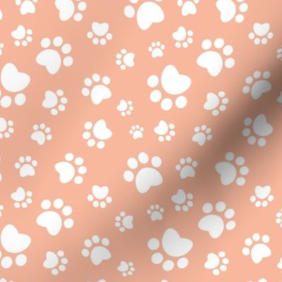 Small scale // Paw prints // flesh coral background white animal foot prints