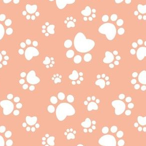 Small scale // Paw prints // flesh coral background white animal foot prints