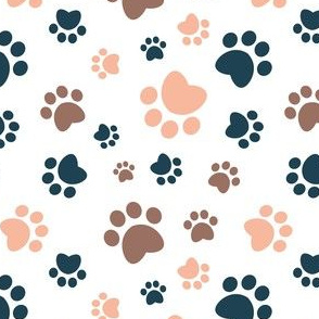 Small scale // Paw prints // white background brown navy blue and flesh coral animal foot prints