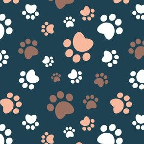 Small scale // Paw prints // navy blue background brown white and flesh coral animal foot prints
