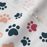 Small scale // Paw prints // white background red navy blue and flesh coral animal foot prints