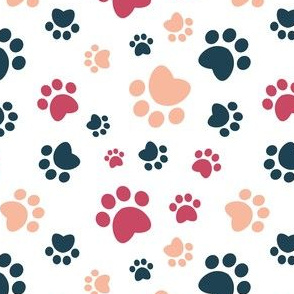Small scale // Paw prints // white background red navy blue and flesh coral animal foot prints
