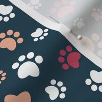 Small scale // Paw prints // navy blue background red white and flesh coral animal foot prints