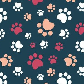 Small scale // Paw prints // navy blue background red white and flesh coral animal foot prints