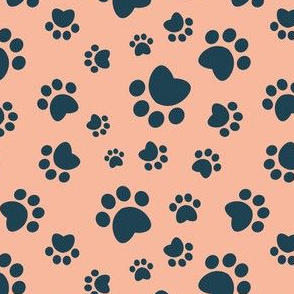 Small scale // Paw prints // flesh coral background navy blue animal foot prints