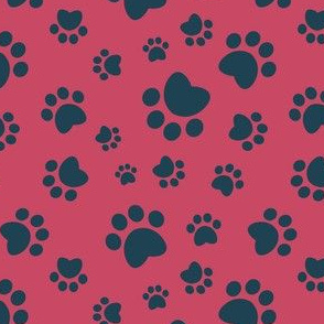 Small scale // Paw prints // red background navy blue animal foot prints