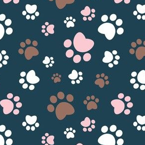 Small scale // Paw prints // navy blue background brown white and pink animal foot prints