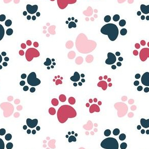 Small scale // Paw prints // white background red navy blue and pink animal foot prints