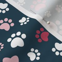 Small scale // Paw prints // navy blue background red white and pink animal foot prints