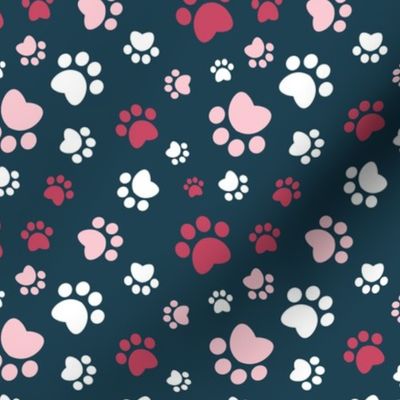 Small scale // Paw prints // navy blue background red white and pink animal foot prints