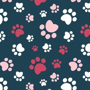 Small scale // Paw prints // navy blue background red white and pink animal foot prints