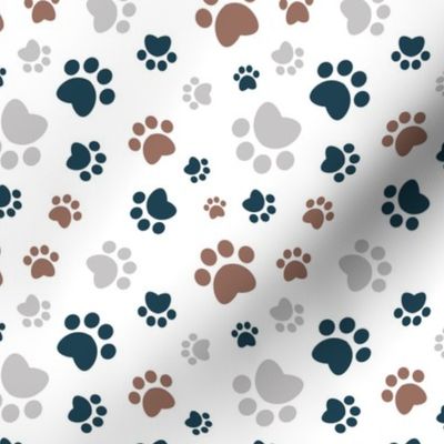 Small scale // Paw prints // white background brown navy blue and grey animal foot prints