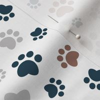 Small scale // Paw prints // white background brown navy blue and grey animal foot prints