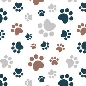 Small scale // Paw prints // white background brown navy blue and grey animal foot prints