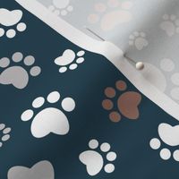 Small scale // Paw prints // navy blue background brown white and grey animal foot prints