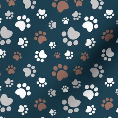 Small scale // Paw prints // navy blue background brown white and grey animal foot prints