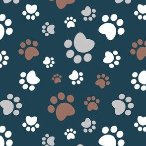 Small scale // Paw prints // navy blue background brown white and grey animal foot prints
