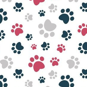 Small scale // Paw prints // white background red navy blue and grey animal foot prints