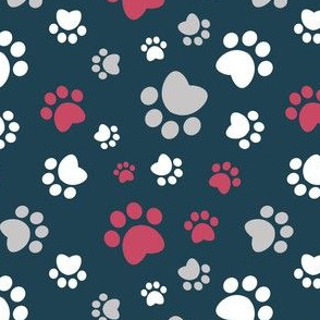 Small scale // Paw prints // navy blue background red white and grey animal foot prints