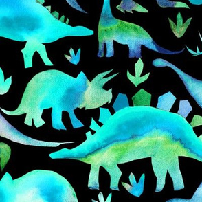 Blue and green dinosaurs on black - large scale
