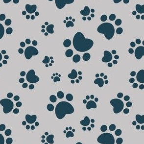 Small scale // Paw prints // grey background navy blue animal foot prints