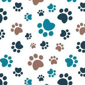 Small scale // Paw prints // white background brown navy blue and turquoise animal foot prints
