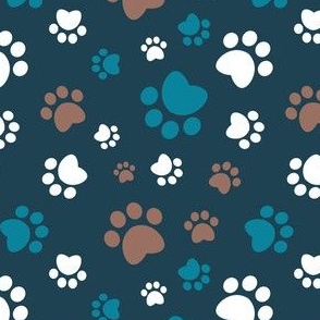 Small scale // Paw prints // navy blue background brown white and turquoise animal foot prints