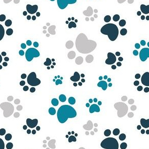 Small scale // Paw prints // white background turquoise navy blue and grey animal foot prints
