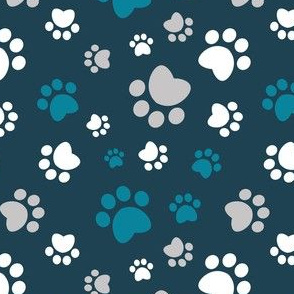 Small scale // Paw prints // navy blue background turquoise white and grey animal foot prints