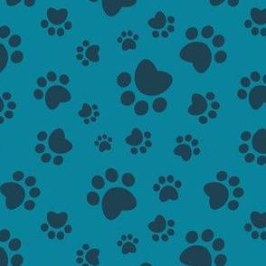 Small scale // Paw prints // turquoise background navy blue animal foot prints