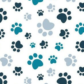 Small scale // Paw prints // white background turquoise navy blue and pastel blue animal foot prints