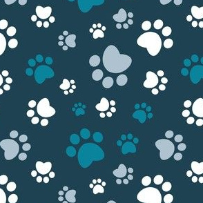 Small scale // Paw prints // navy blue background turquoise white and pastel blue animal foot prints