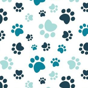 Small scale // Paw prints // white background turquoise navy blue and aqua animal foot prints