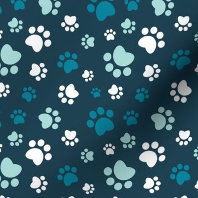 Small scale // Paw prints // navy blue background turquoise white and aqua animal foot prints