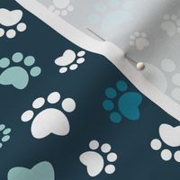 Small scale // Paw prints // navy blue background turquoise white and aqua animal foot prints