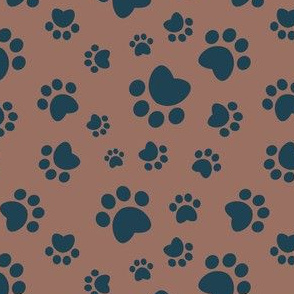 Small scale // Paw prints // brown background navy blue animal foot prints