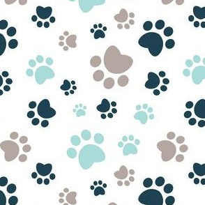 Small scale // Paw prints // white background brown taupe navy blue and aqua animal foot prints