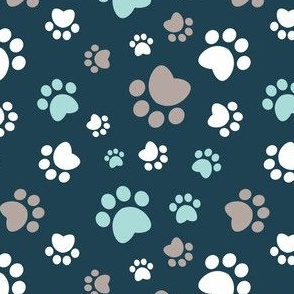Small scale // Paw prints // navy blue background brown taupe white and aqua animal foot prints
