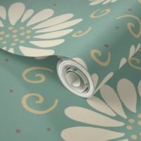 daisies and swirls teal/ivory