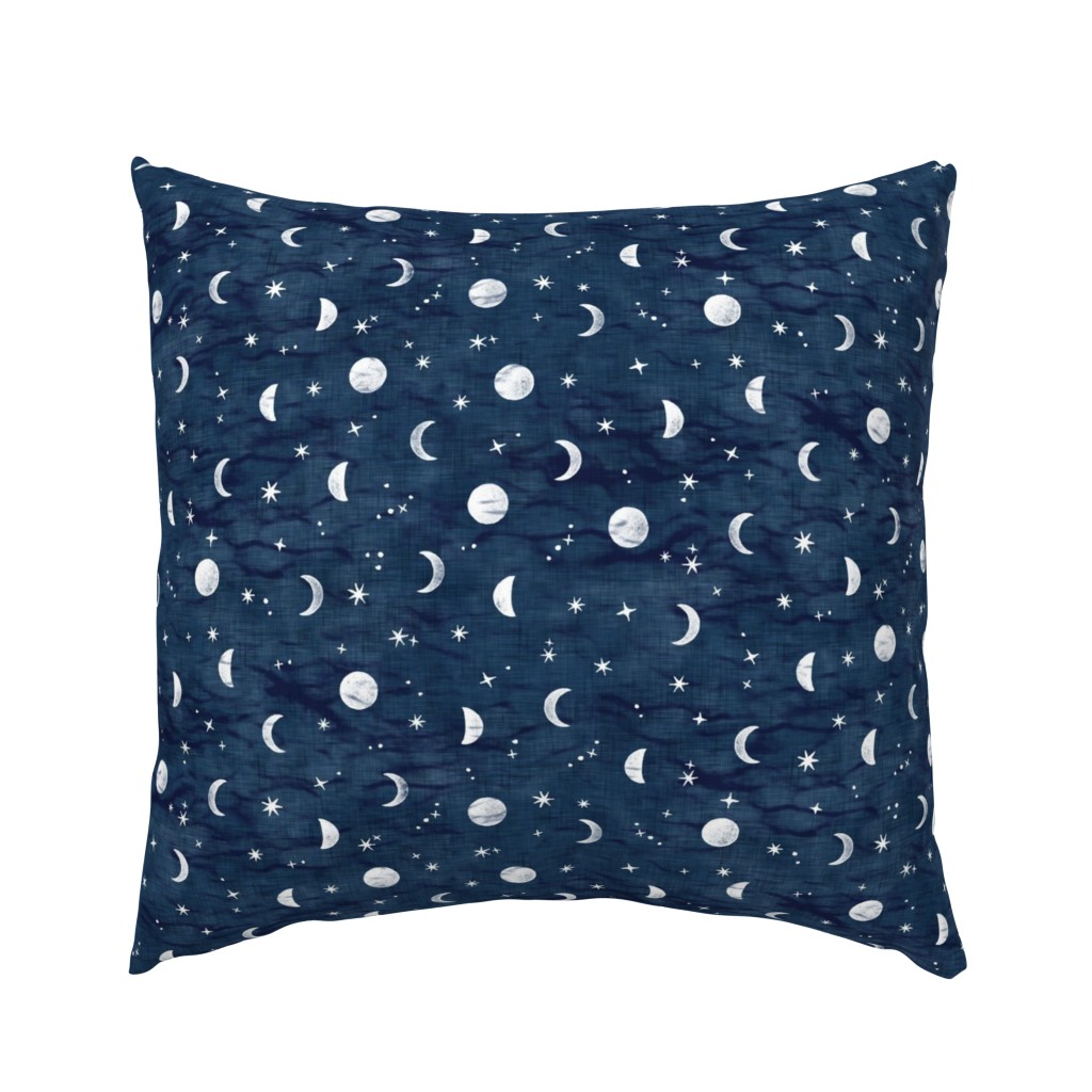 Shibori Moons and Stars on Dark Indigo | Night sky fabric, block printed moon on linen pattern, crescent moon, arashi shibori linen.