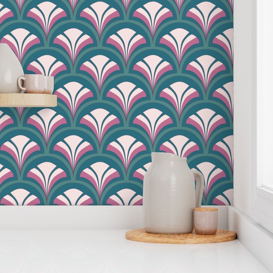 Art Deco Shells - Mid Pink & Green