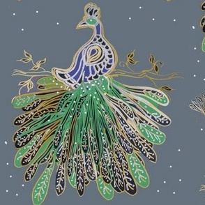 The Nouveau Peacocks,  Gold Embellishment - Medium Scale - Shadow Blue/Grey - Vanessa Peutherer 2020