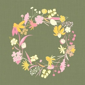 Floral Wreath on olive linen