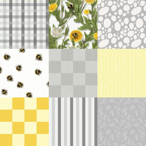 Cheater Quilt- Bees Dandelions Yellow Gray Horitontal