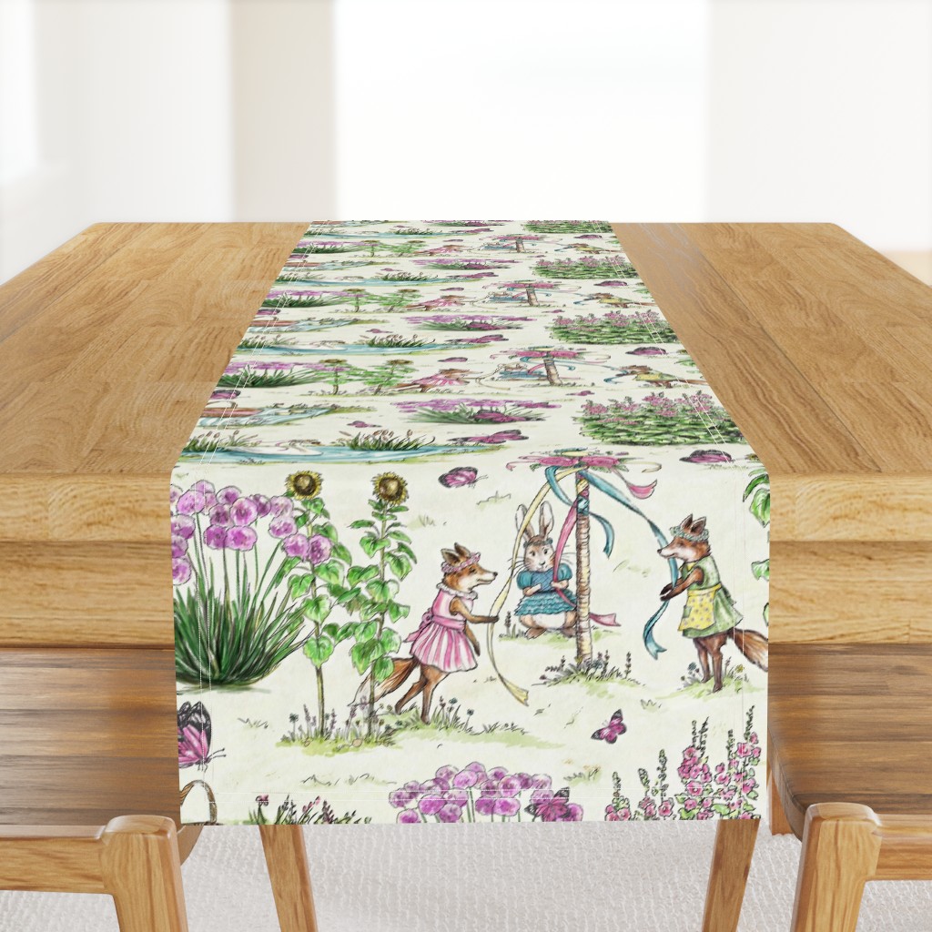 Charming Midsummer Maypole Foxes Children's Fabric - Cute Garden Design with Swan, Flowers, and Butterflies - Small