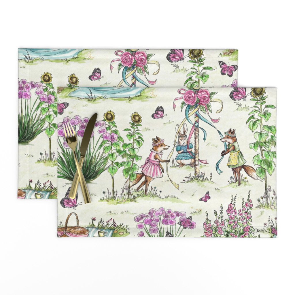 Charming Midsummer Maypole Foxes Children's Fabric - Cute Garden Design with Swan, Flowers, and Butterflies - Small